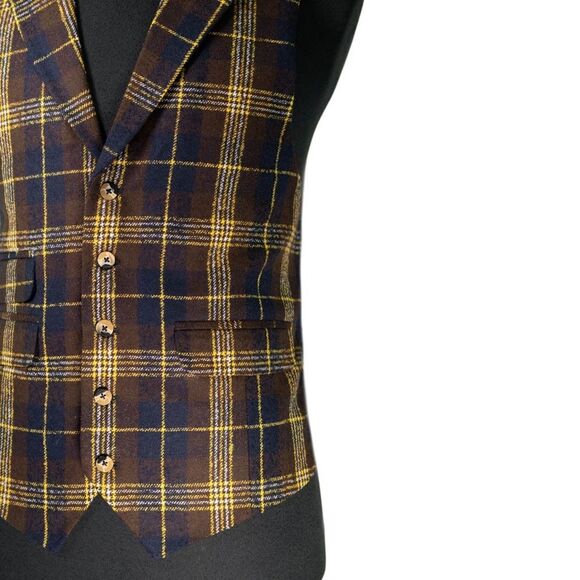Mens 42R Wool Vest Brown Blue Yellow Plaid Waistcoat Preppy Casual Formal Party - Picture 6 of 10